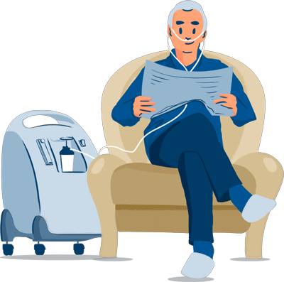 Illustration d'un homme âgé lisant un journal dans un fauteuil, relié par une canule nasale à un concentrateur d'oxygène fixe à domicile.