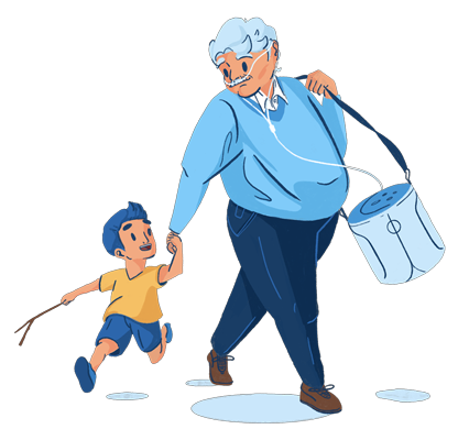 Illustration d’un homme âgé marchant avec un concentrateur d'oxygène portable en bandoulière, tenant la main d’un jeune garçon joyeux