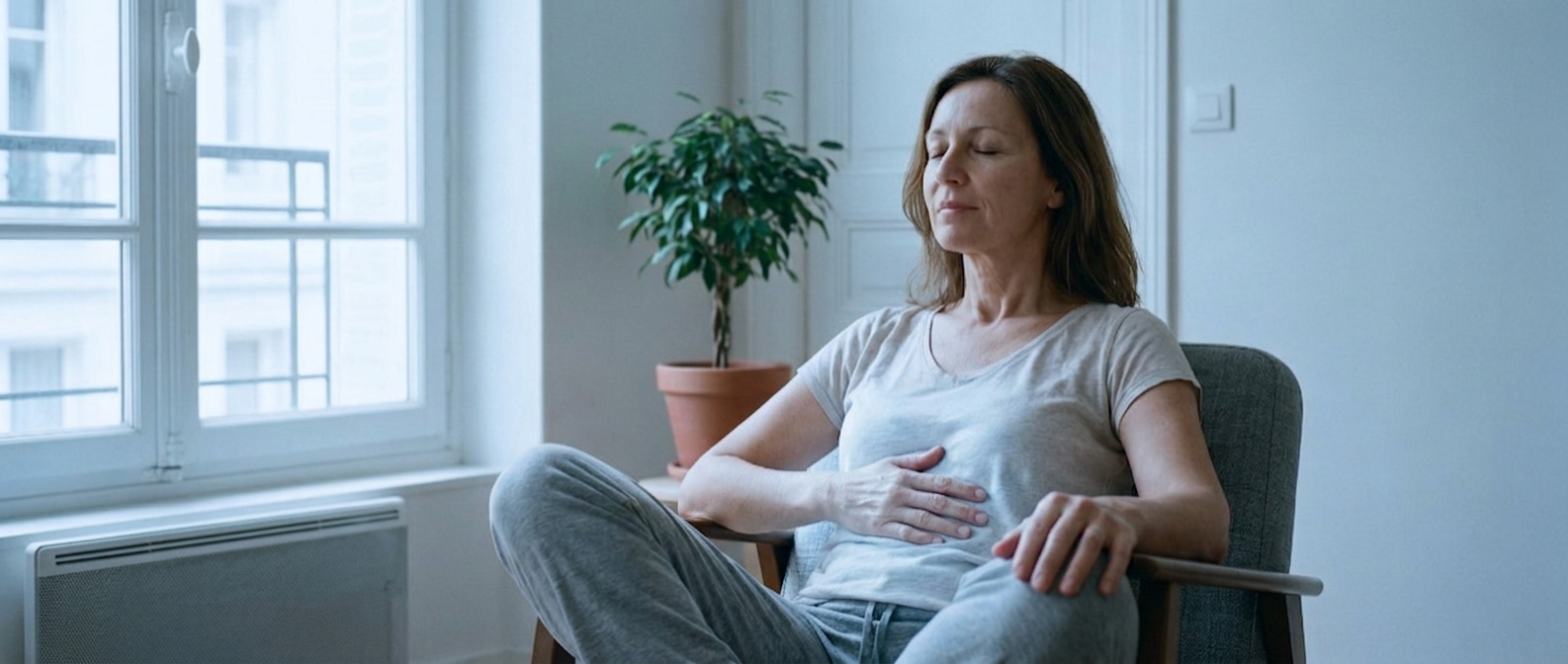 Femme apaisée pratiquant une technique de respiration pour réduire l'impact du stress sur ses troubles respiratoires.