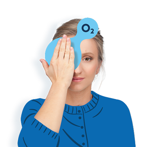 Illustration d'une femme couvrant un œil avec une forme d'oxygène ($O_2$), symbolisant la douleur intense et unilatérale de l'algie vasculaire de la face (AVF), et l'utilisation de l'oxygénothérapie comme traitement de crise à domicile.