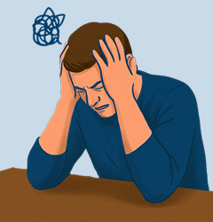 Illustration d'un homme en pulls bleu assis à une table, la tête dans les mains avec une expression de fatigue et de confusion, symbolisant les troubles de la concentration.