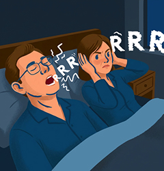 Illustration d'un couple au lit la nuit. L'homme ronfle bruyamment la bouche ouverte, tandis que la femme se bouche les oreilles avec une expression agacée.