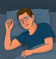Illustration d'un homme endormi, avec des gouttes de sueur sur le visage et le corps, exprimant un inconfort lié à des sueurs nocturnes.