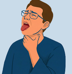 Illustration d'un homme se tenant la gorge et tirant la langue avec une expression de gêne ou d'étouffement