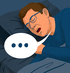 Illustration d'un homme endormi, la bouche ouverte, avec une bulle de dialogue contenant trois points, symbolisant une pause respiratoire (apnée) pendant le sommeil
