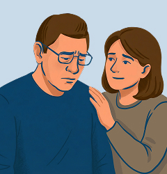 Illustration d'une femme posant une main réconfortante sur l'épaule d'un homme à lunettes à l'air triste et inquiet, symbolisant le soutien