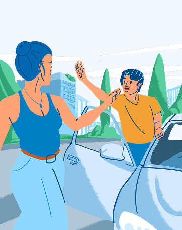 Illustration en style vectoriel d'une femme de dos faisant un geste de la main à un homme sortant d'une voiture, pour symboliser la mobilité et la vie active.