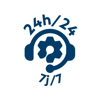 Icône SOS Oxygène illustrant l'astreinte technique et le support client disponible 24h/24 et 7j/7, avec un casque audio et un engrenage.