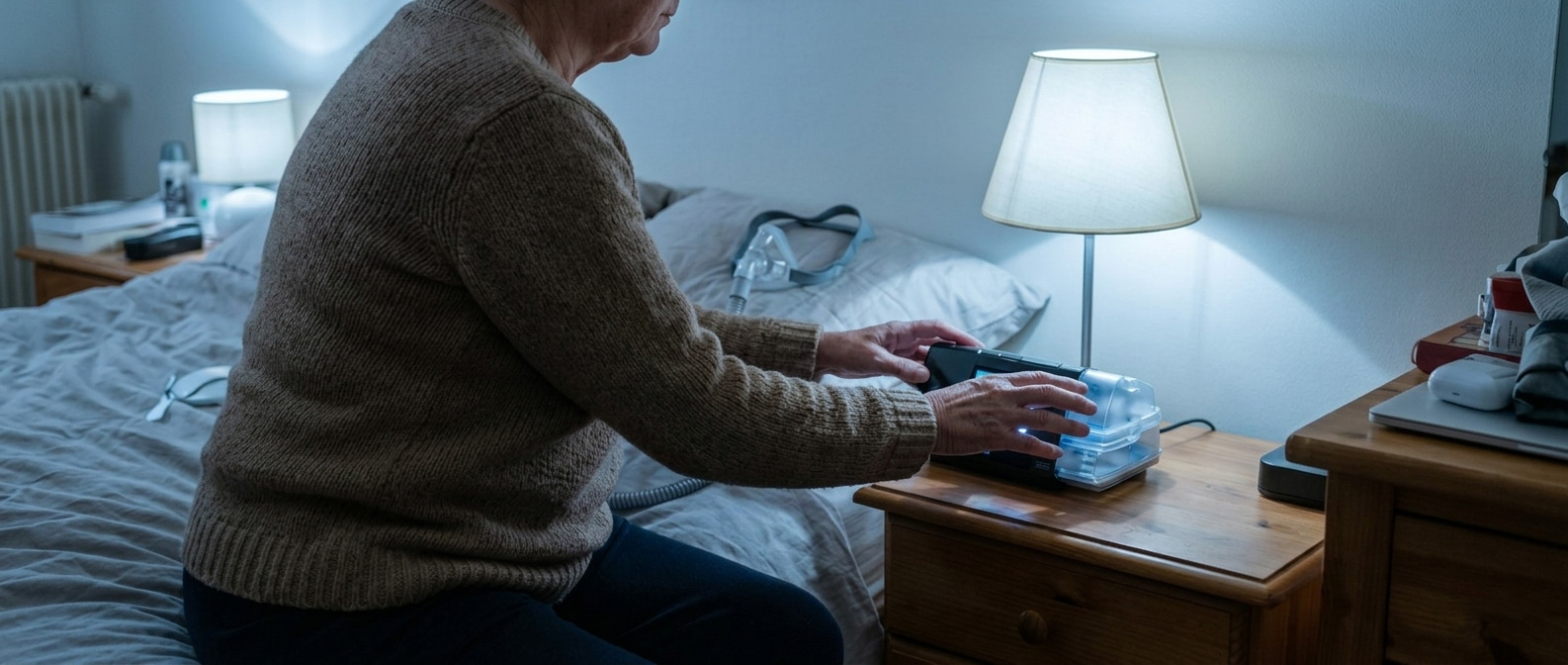 Senior assis sur son lit réglant son appareil de PPC (pression positive continue) pour l'apnée du sommeil avec SOS Oxygène.