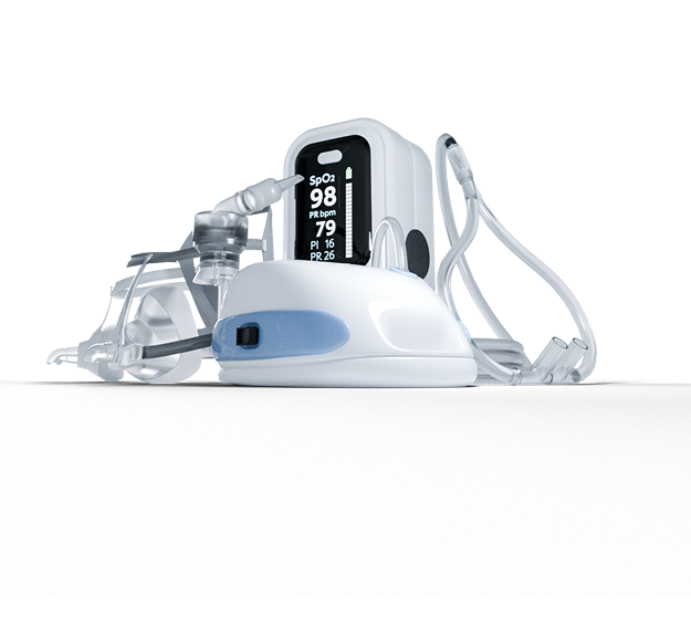 Dispositifs médicaux pour l'administration et la surveillance des gaz médicaux, incluant un moniteur de SpO2, un nébuliseur et des canules nasales.