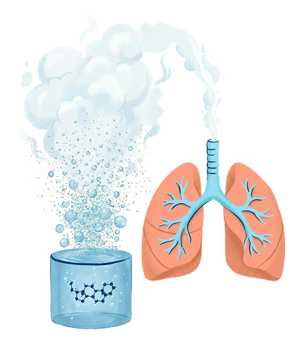 Schéma explicatif de l'aérosolthérapie montrant la transformation d'une solution médicamenteuse en fines particules (brume) pour une inhalation directe dans les poumons.