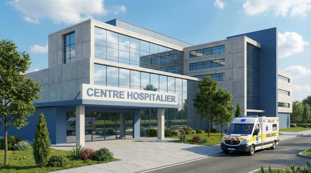 Façade moderne d'un centre hospitalier avec une ambulance du SAMU devant l'entrée, illustrant le point de départ du parcours de soin et du retour à domicile avec SOS Oxygène.