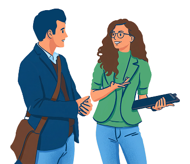 Illustration d'un échange professionnel entre une conseillère SOS Oxygène et un collaborateur pour la coordination du parcours de soin du patient.