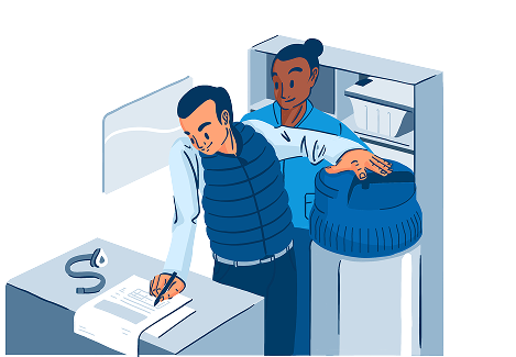 Illustration d'un technicien SOS Oxygène préparant un réservoir d'oxygène liquide et remplissant les documents de suivi pour un patient.