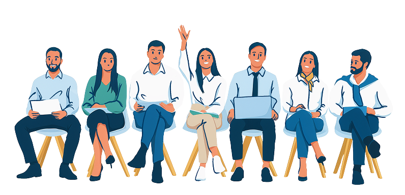 Illustration d'un groupe de candidats diversifiés assis en salle d'attente pour un entretien, l'une d'entre elles lève la main pour poser une question, symbolisant le dynamisme du recrutement chez SOS Oxygène.