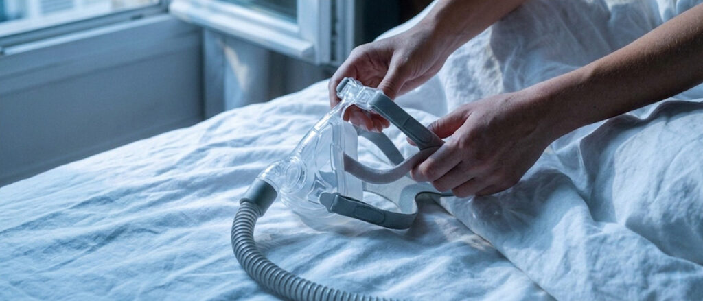 Mains d'un patient préparant son masque nasal de PPC sur son lit pour le traitement de l'apnée du sommeil avec SOS Oxygène.