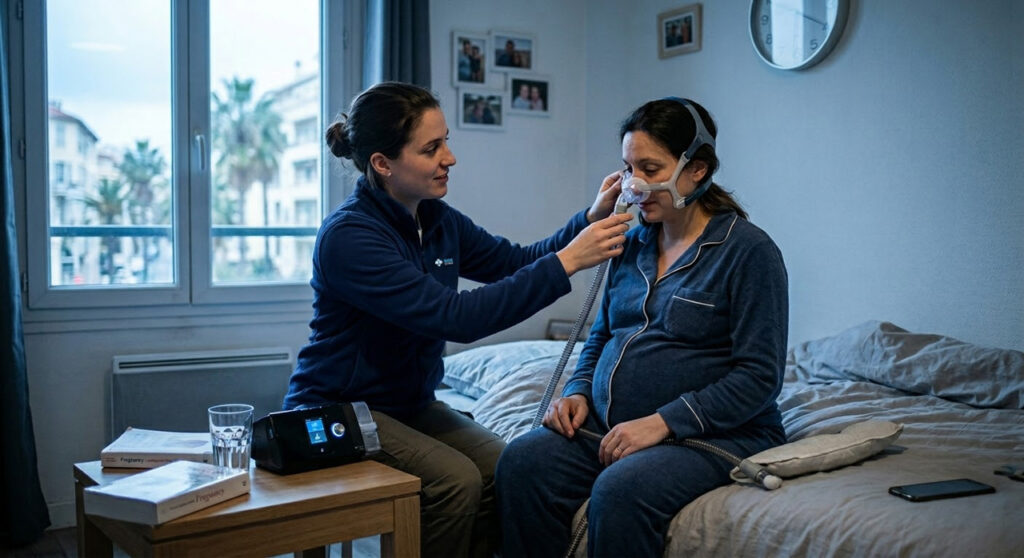 Intervenante SOS Oxygène installant un masque de PPC (Pression Positive Continue) à domicile pour une patiente souffrant d'apnée du sommeil.