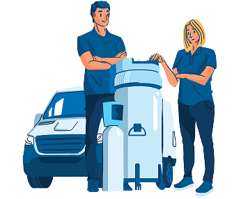 Illustration d'une équipe technique SOS Oxygène devant leur véhicule avec un réservoir d'oxygène liquide et une bouteille d'oxygène de transport.