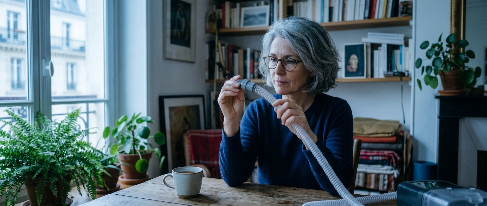 Patiente à domicile examinant le circuit respiratoire de son appareil de PPC pour le traitement de l'apnée du sommeil avec SOS Oxygène.