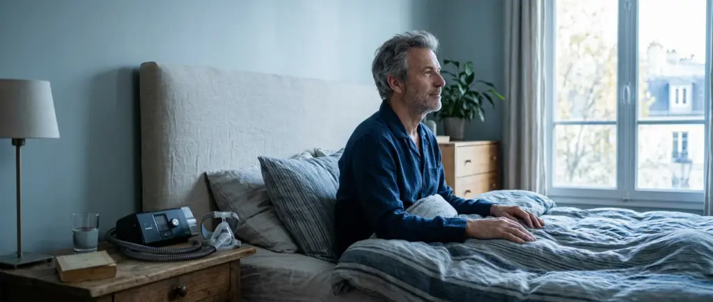Homme serein assis sur son lit au petit matin, avec son appareil de PPC sur la table de chevet, illustrant un réveil sans fatigue grâce au traitement SOS Oxygène.