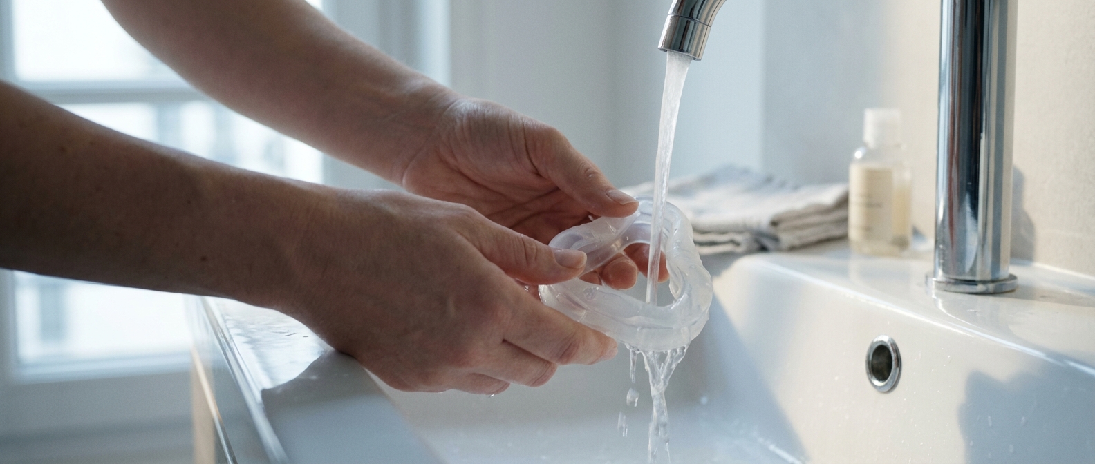 Nettoyage à l'eau claire de la bulle en silicone d'un masque de PPC pour garantir l'hygiène du traitement respiratoire avec SOS Oxygène.