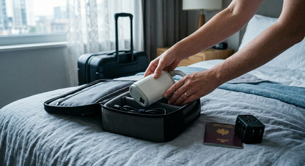 Patient préparant son appareil de PPC de voyage dans sa sacoche de transport à côté de son passeport, illustrant la mobilité avec SOS Oxygène.