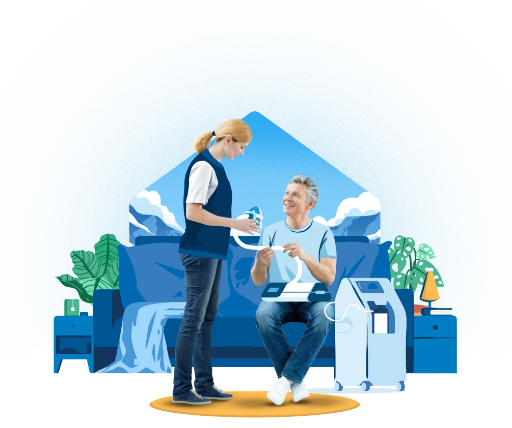 Illustration SOS Oxygène montrant l'installation d'un concentrateur d'oxygène pour un patient à domicile.