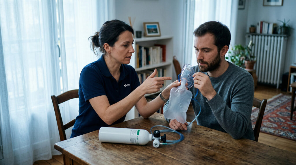 Professionnelle de santé SOS Oxygène expliquant l'utilisation de l'oxygène médical pour le traitement d'une algie vasculaire de la face à domicile.