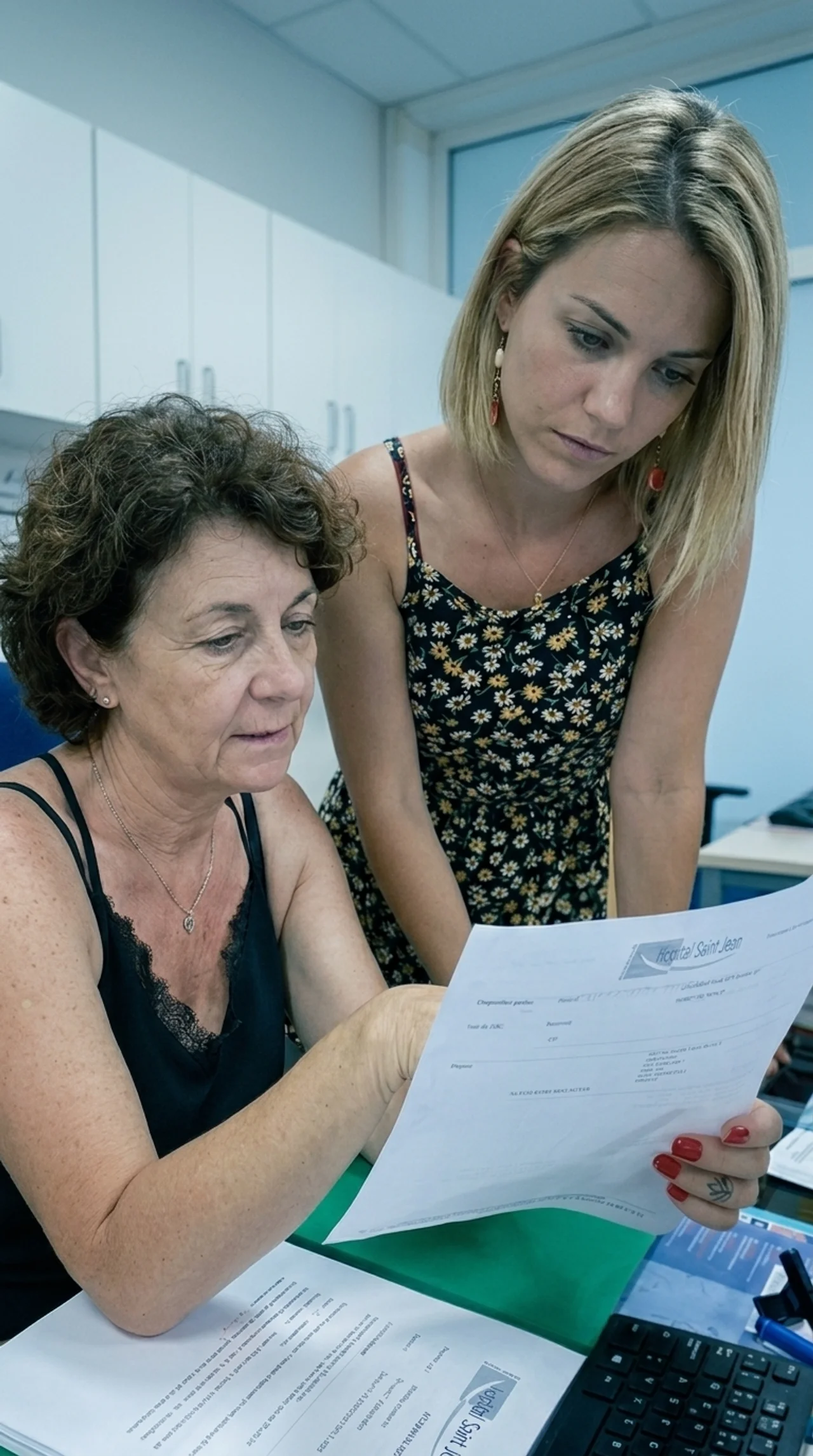 Équipe administrative de SOS Oxygène examinant un dossier de suivi patient pour la gestion des soins.