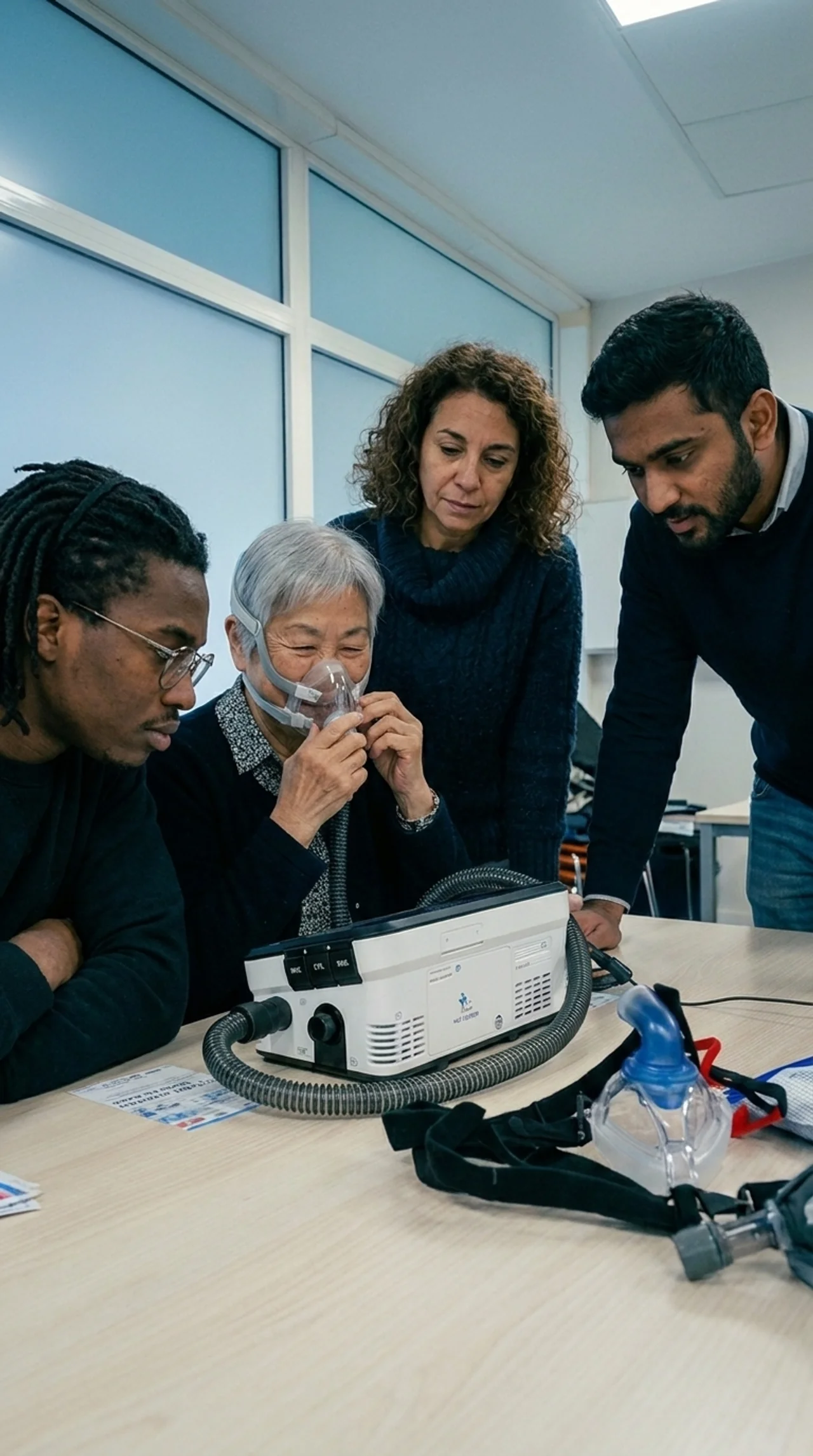 Formation SOS Oxygène à l'utilisation d'un masque de ventilation et d'un appareil respiratoire pour une patiente.