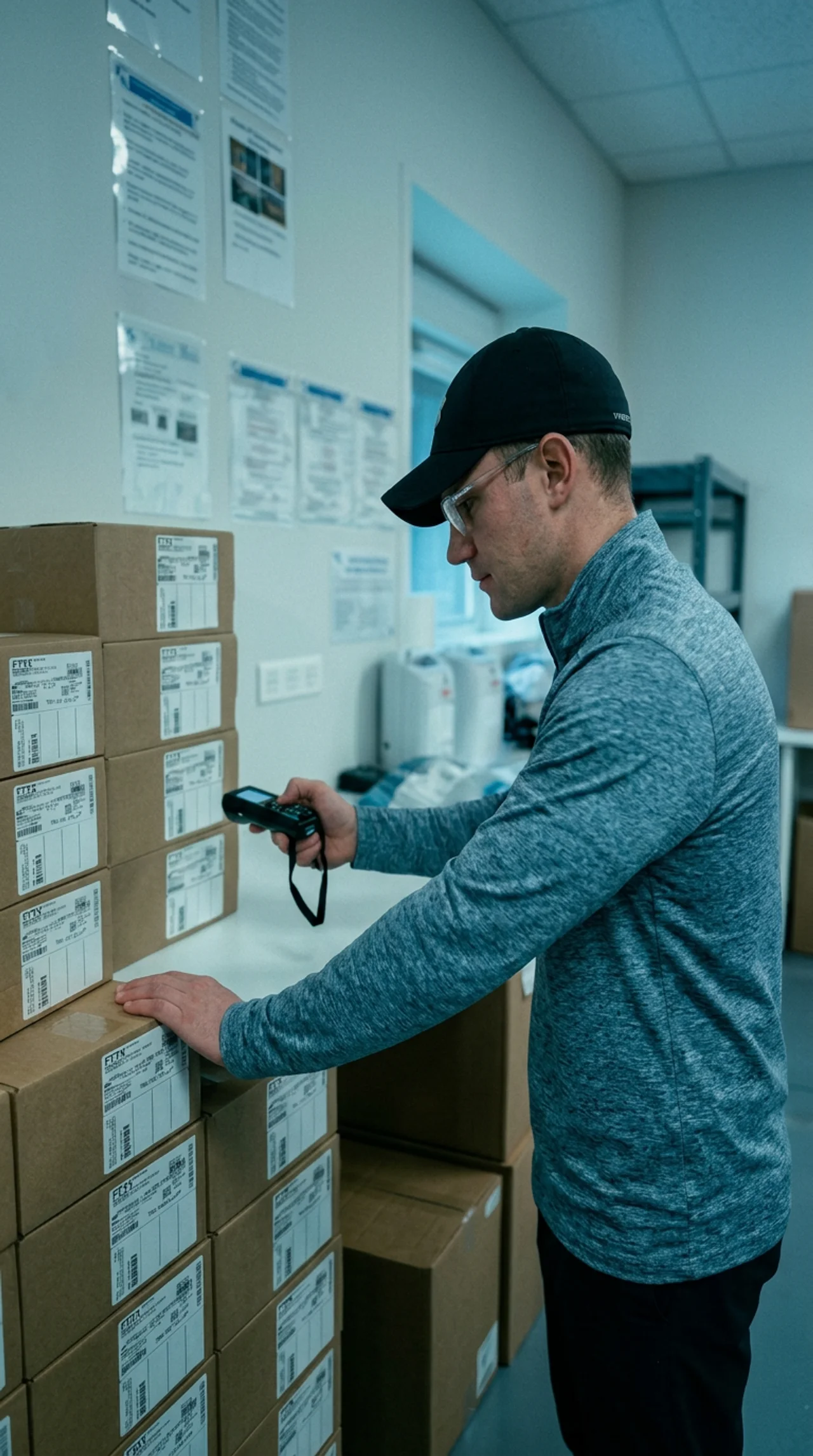 mployé SOS Oxygène scannant des colis de matériel médical pour la préparation de commandes et la logistique.