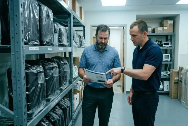 Techniciens SOS Oxygène vérifiant l'inventaire des concentrateurs d'oxygène et du matériel médical en entrepôt.