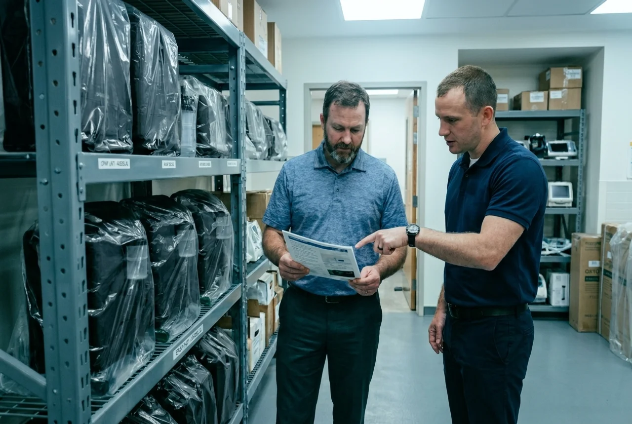 Techniciens SOS Oxygène vérifiant l'inventaire des concentrateurs d'oxygène et du matériel médical en entrepôt.